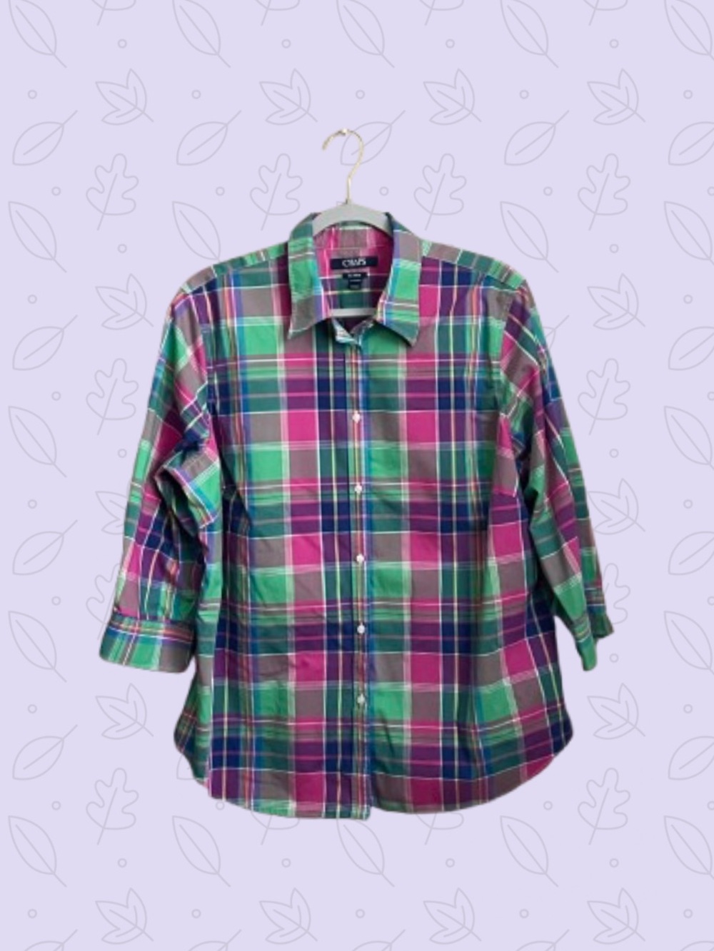 Chaps colorful oversized plaid no iron buttonfront 3/4 sleeve shirt sz 1X